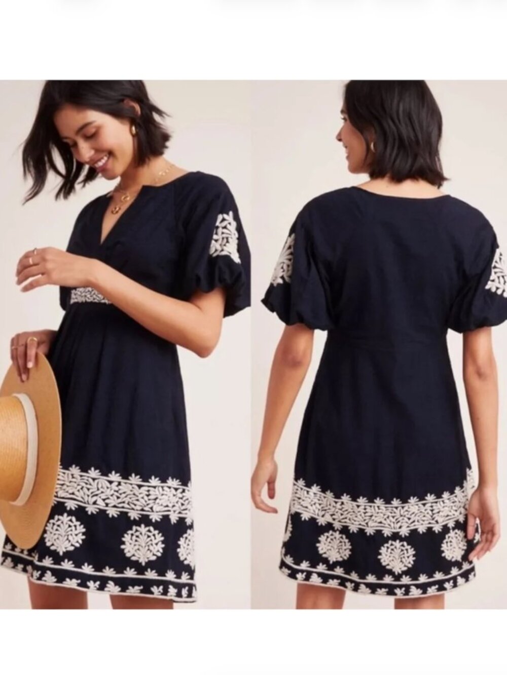 Anthropologie Orla Embroidered Motif Bubble sleeves Mini Dress